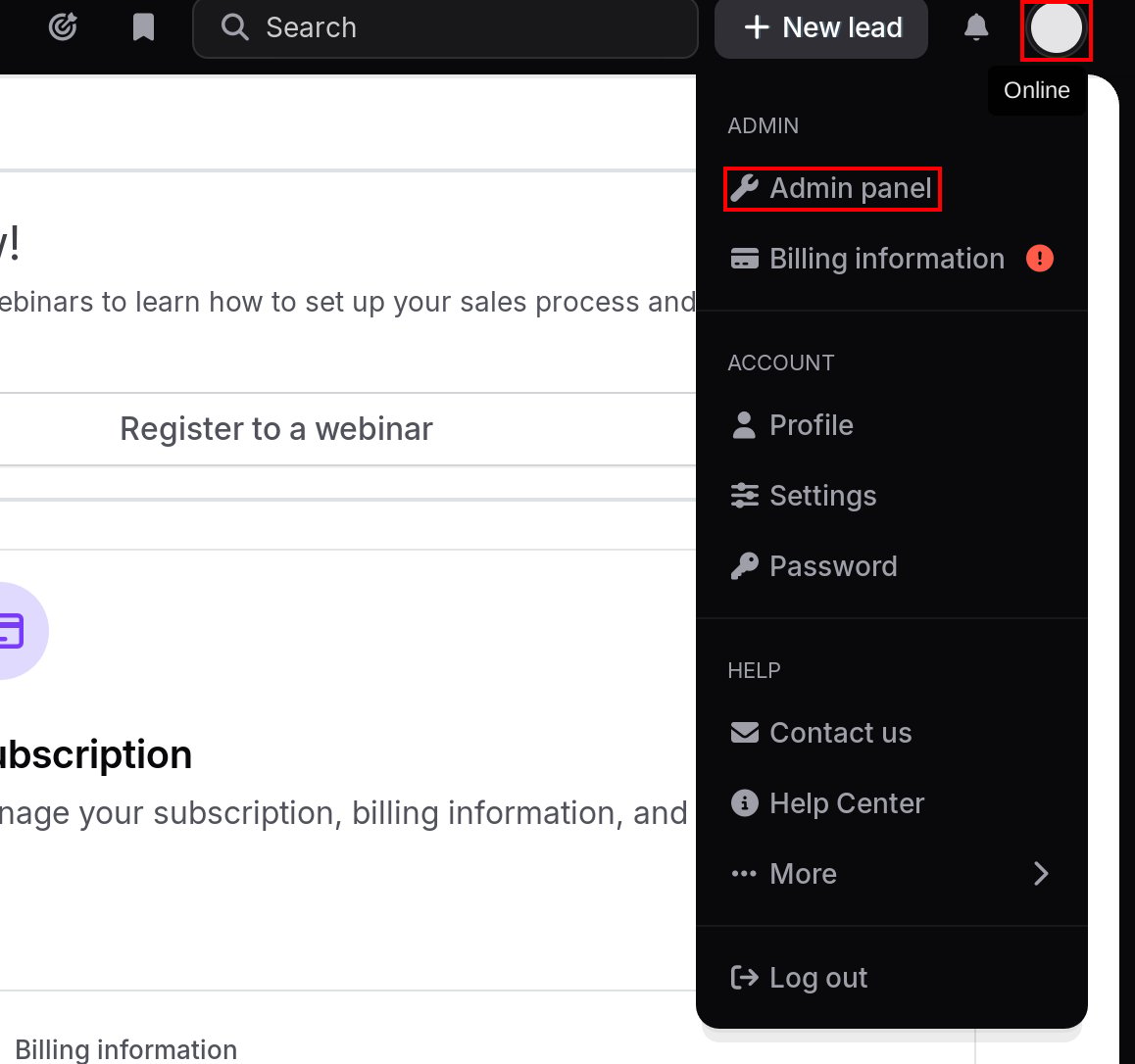 noCRM.ioの画面右上のアバターと、メニューのAdmin panelが示されている状態