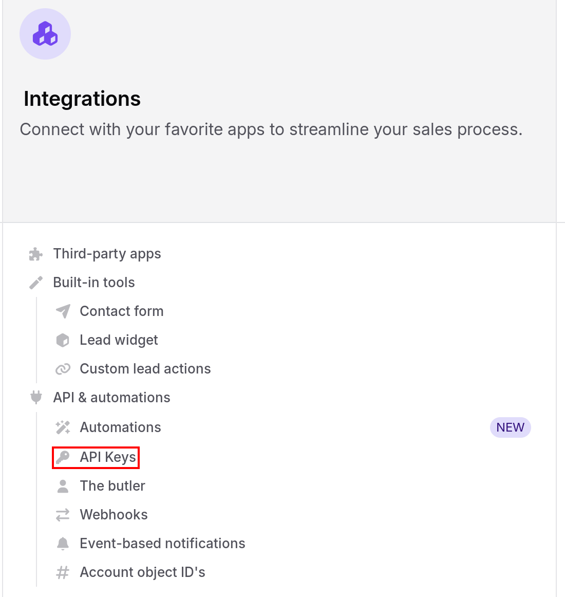 noCRM.io Admin panel Integrations with API Keys highlighted