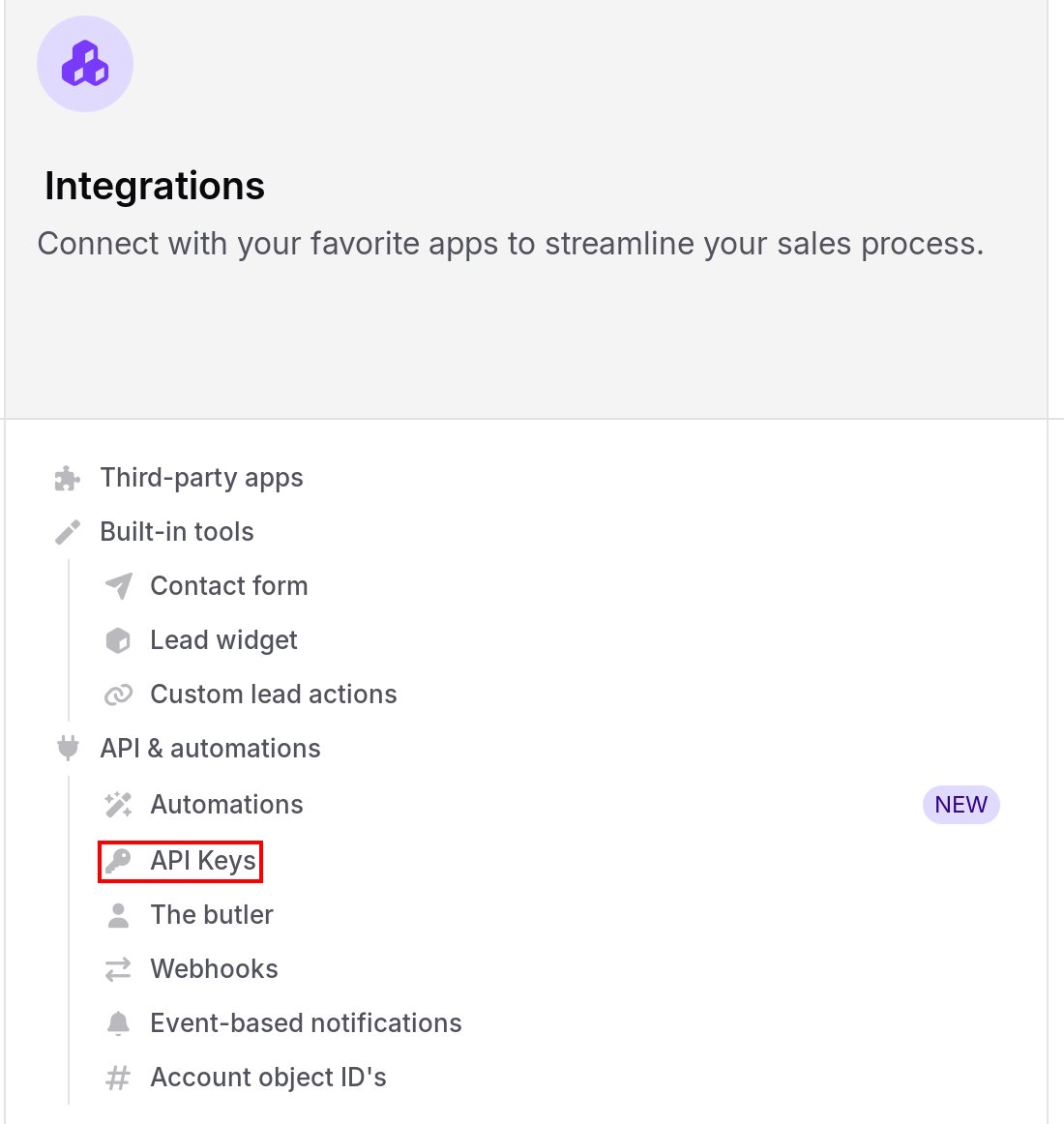 noCRM.ioのAdmin panelのIntegrationsで、API Keysが示されている状態