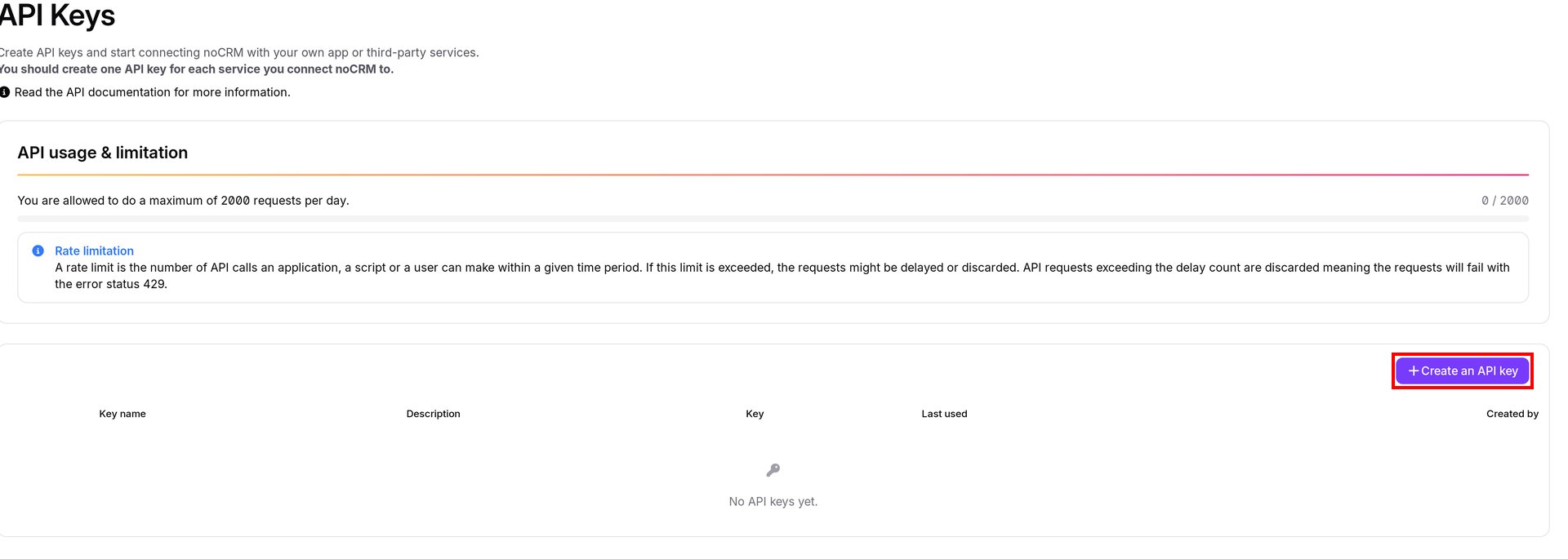 noCRM.ioのAPI Keys画面で、Create an API keyボタンが示されている状態