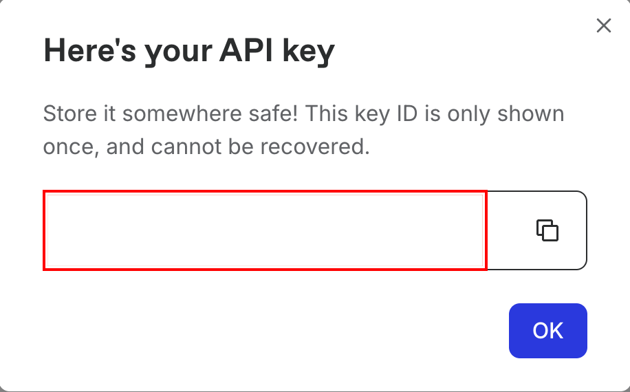 Dialog showing the generated API key, with the key field highlighted by a red box