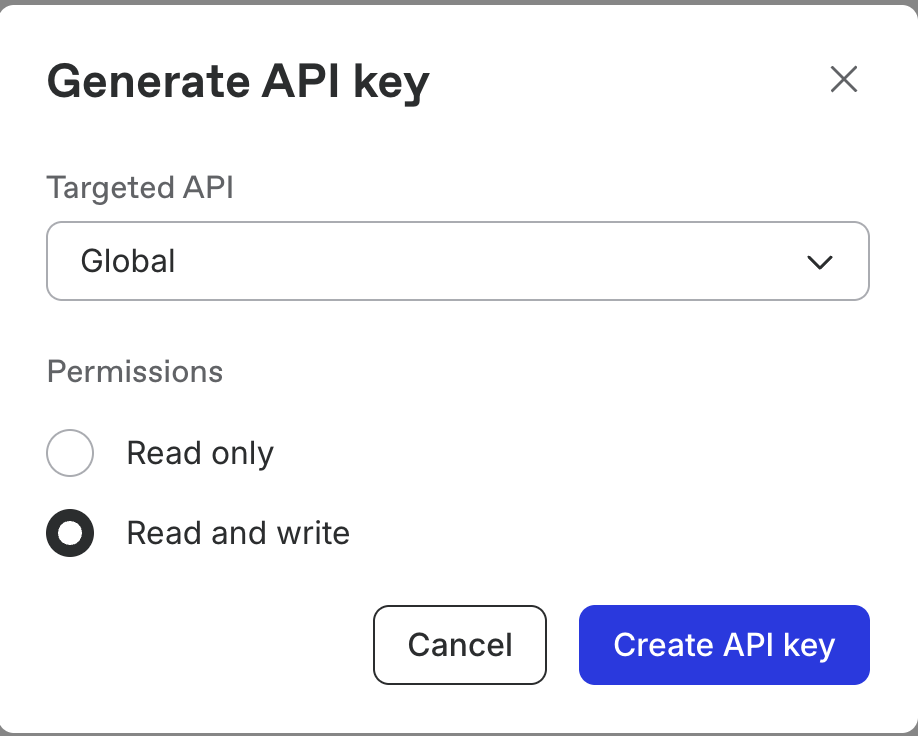 Generate API key dialog with Targeted API set to Global and Permissions set to Read and write
