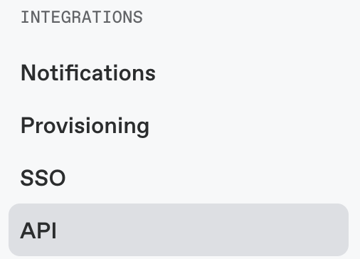 Left menu showing API selected under the INTEGRATIONS section