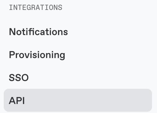 Left menu showing API selected under the INTEGRATIONS section