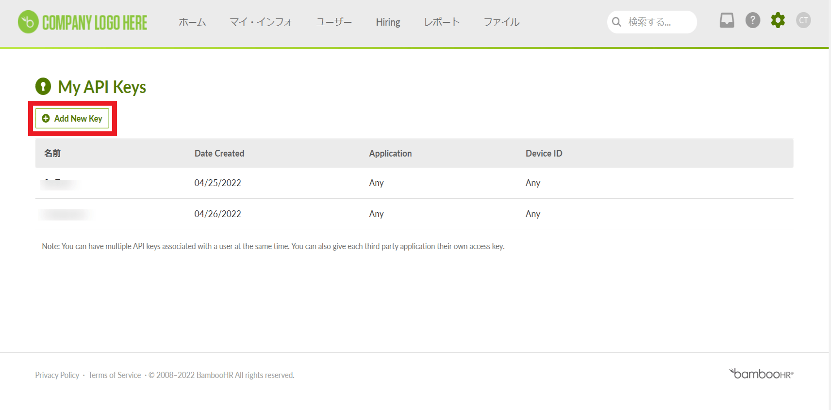 My API Key画面