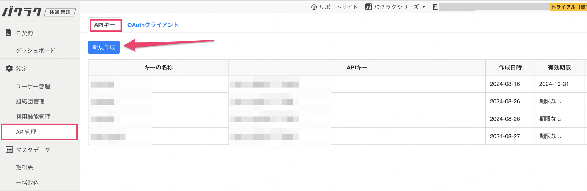 APIキー新規作成画面