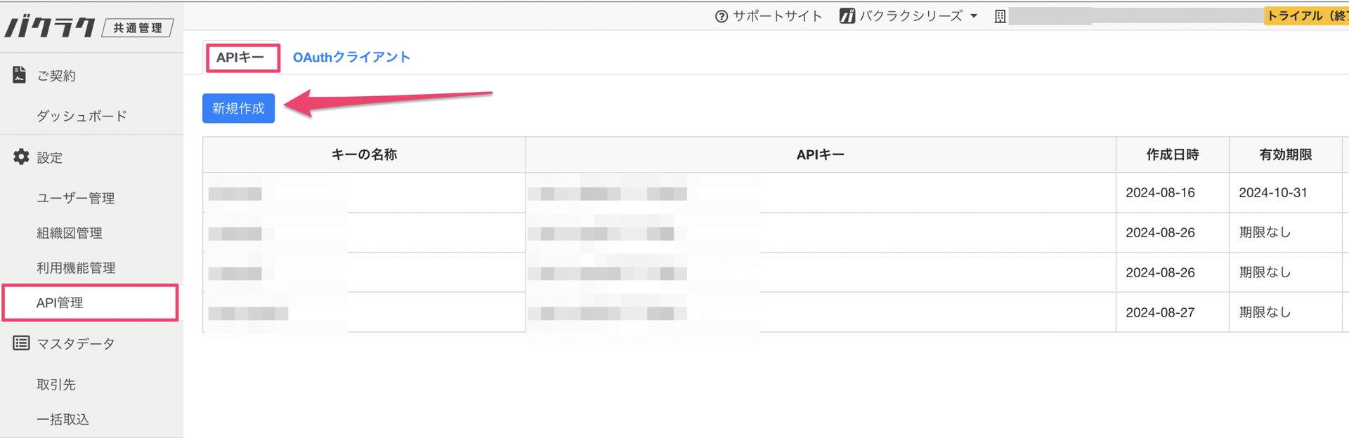 APIキー新規作成画面