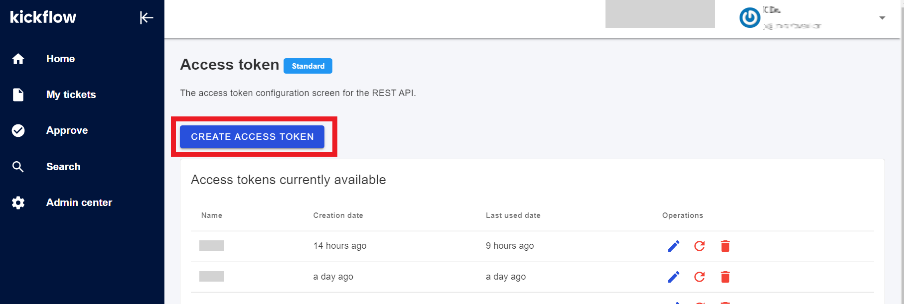 CREATE ACCESS TOKEN button