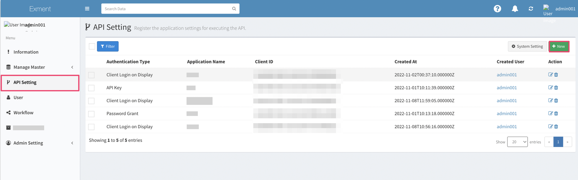 API settings screen