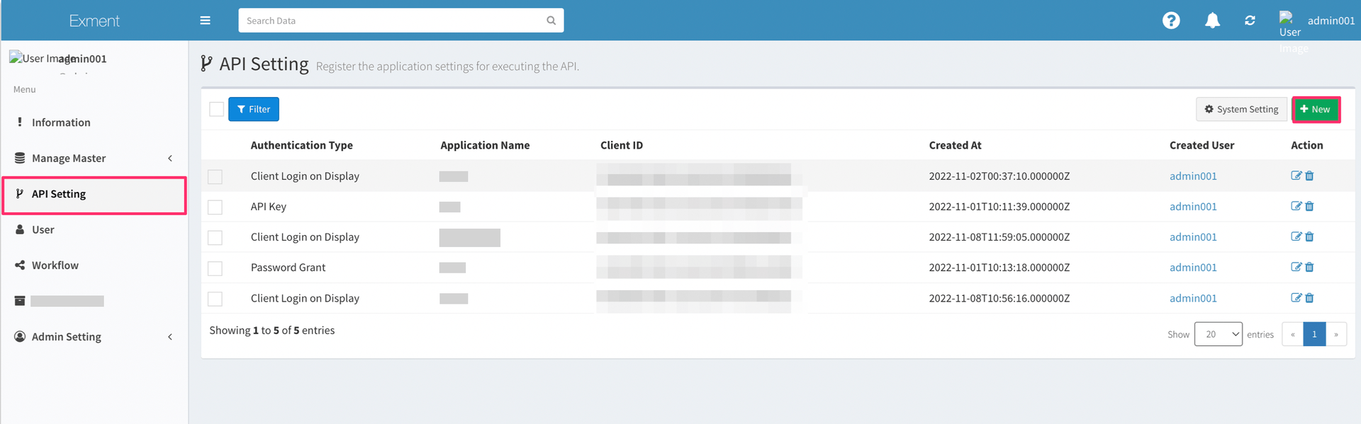 API settings screen