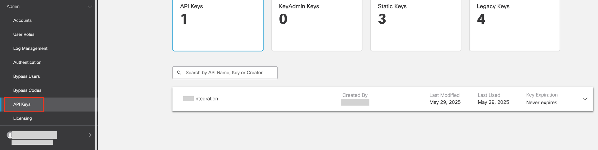 Admin > API Keys menu