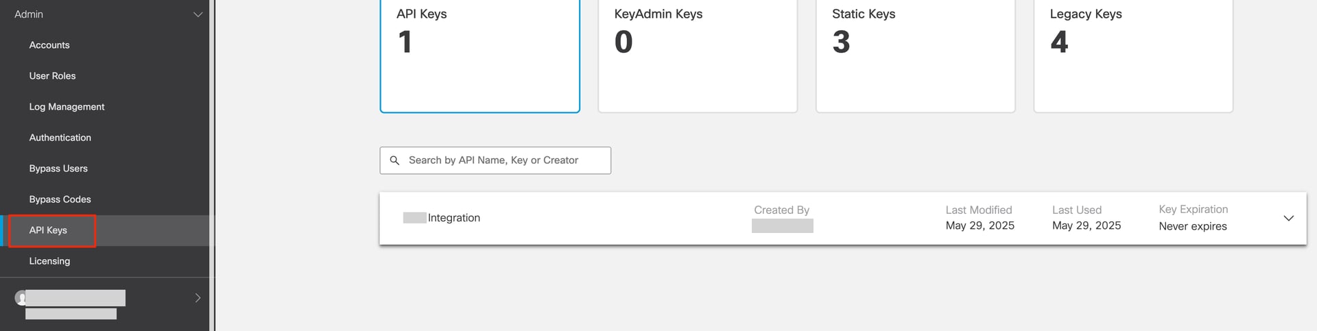 Admin > API Keys menu