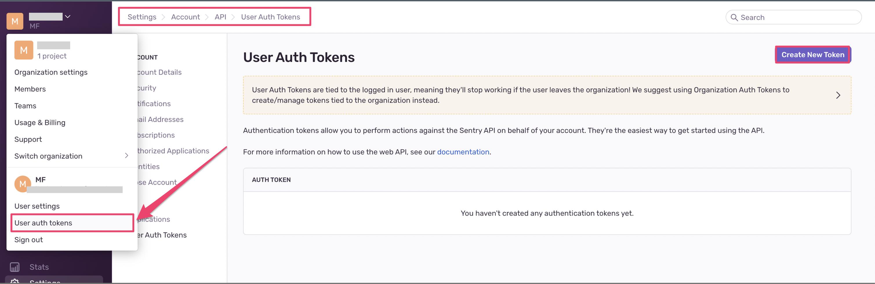 User Auth Tokens screen