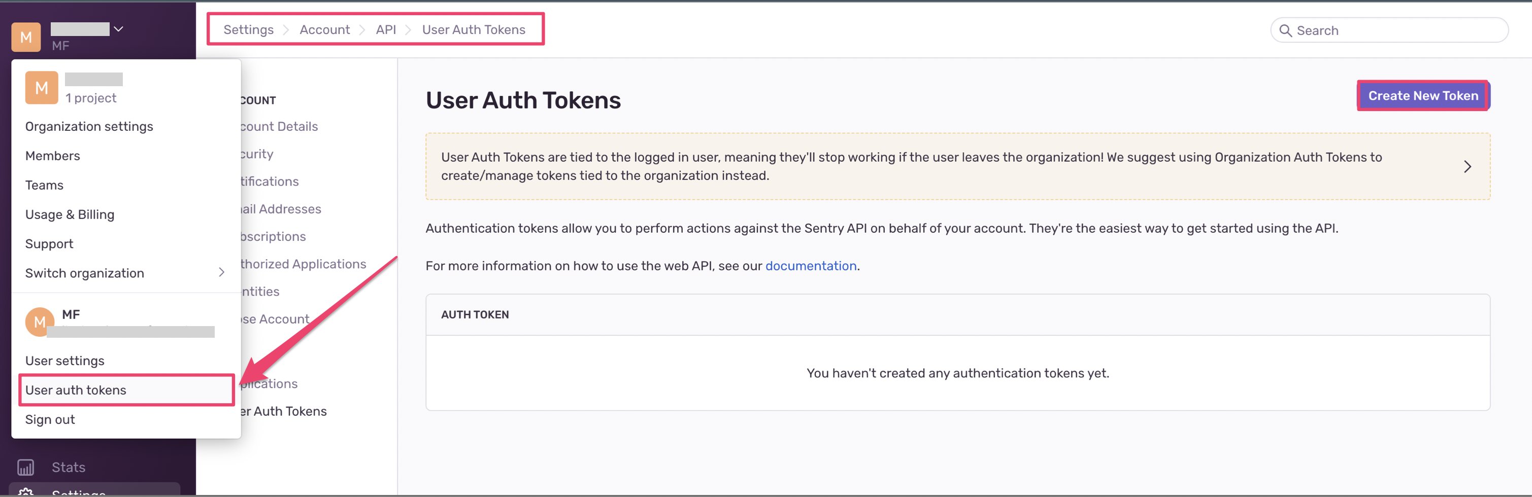 User Auth Tokens screen