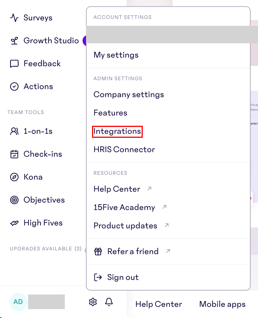 15Five account menu