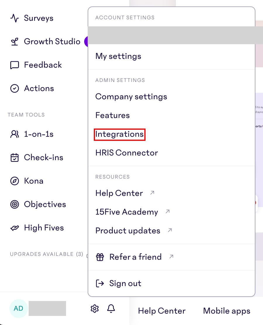 15Five account menu