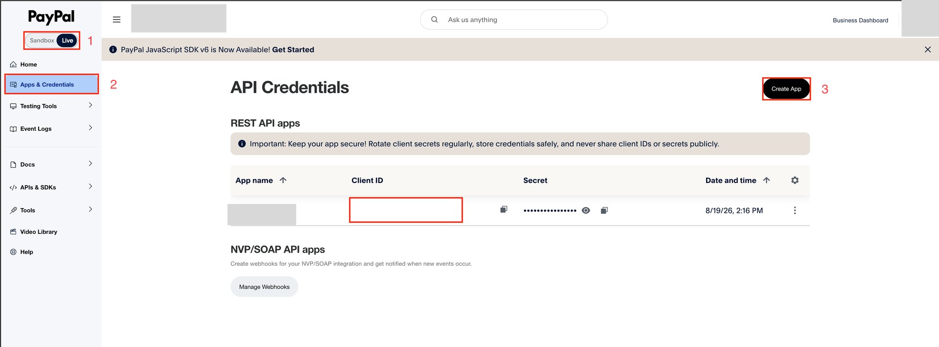 PayPal developer page API Credentials screen, showing the Sandbox/Live toggle, the Apps & Credentials menu item, and the Create App button