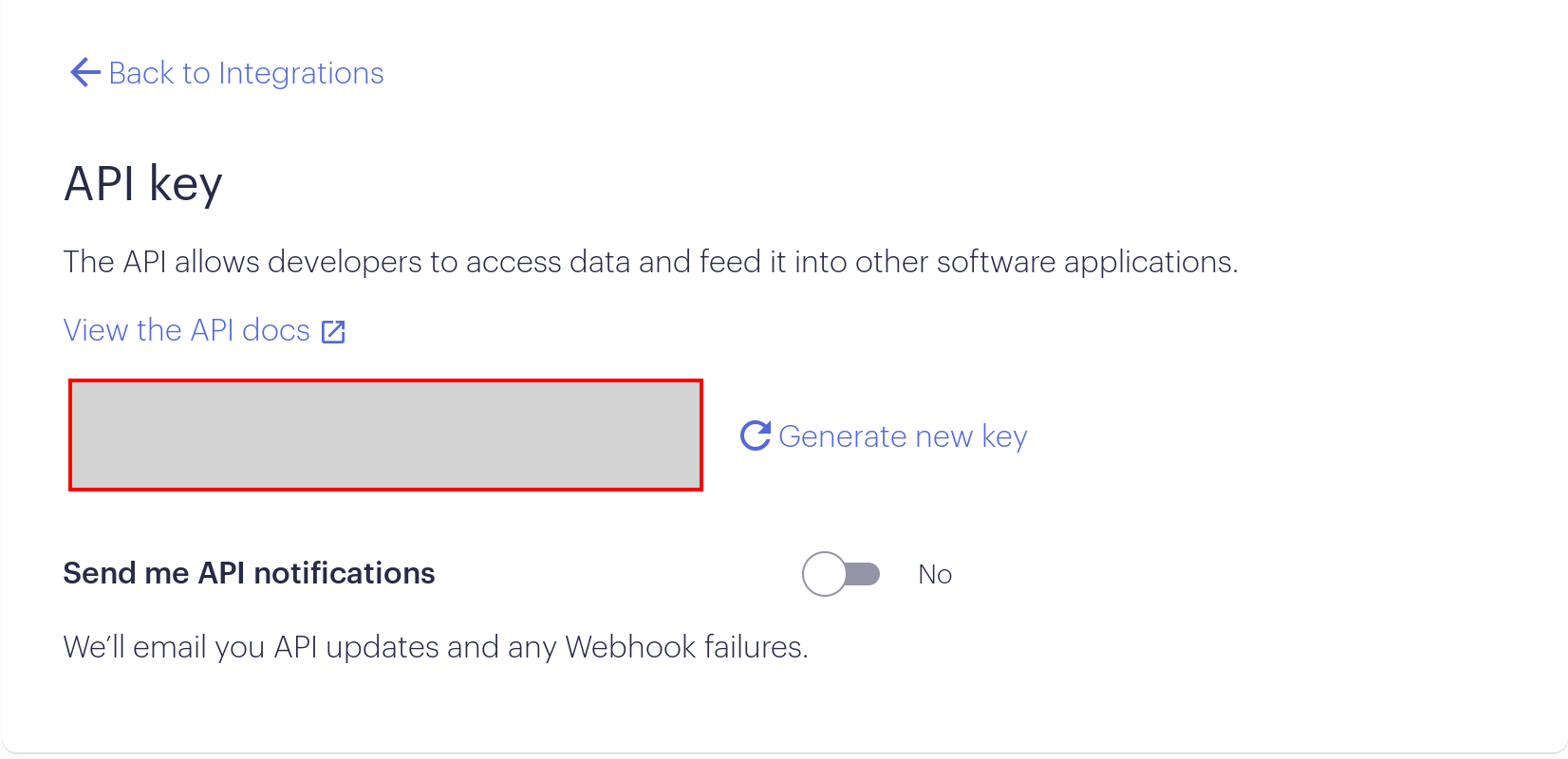 The Timetastic API key page with the API key