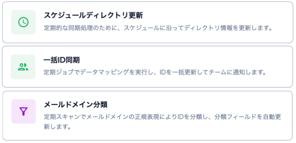 スケジュールディレクトリ更新・一括ID同期・メールドメイン分類の3つのテンプレートカード