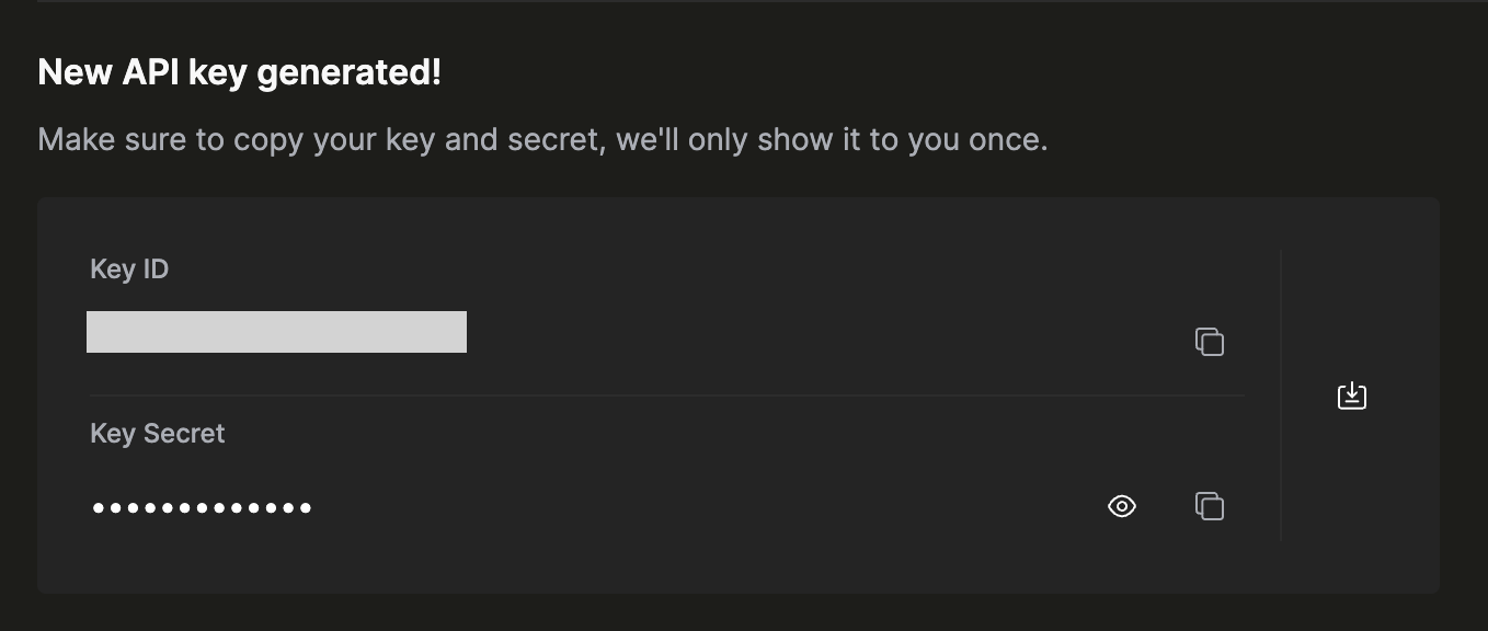 Screen showing the generated Key ID and Key Secret