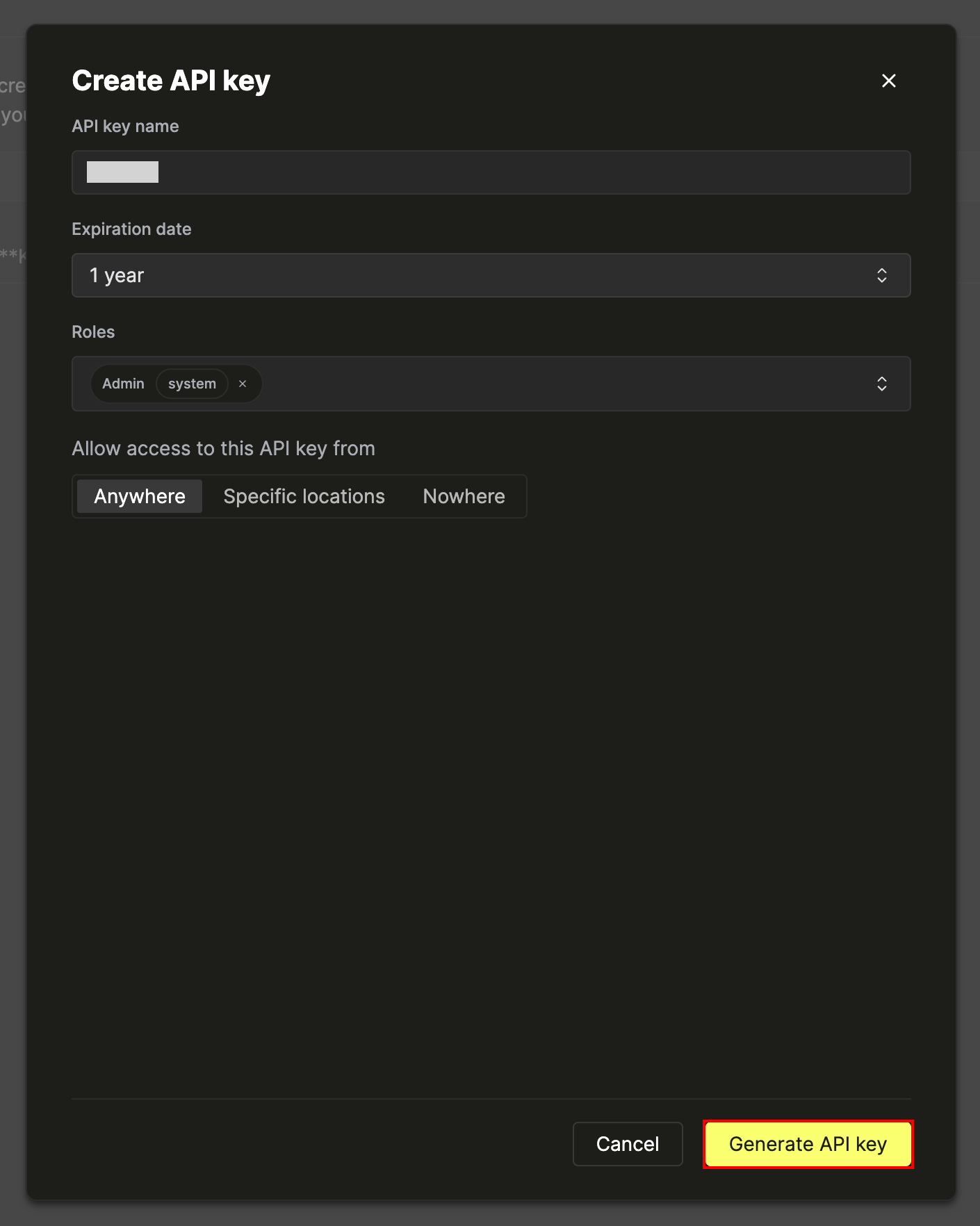 Create API key modal with the API key name and roles being entered