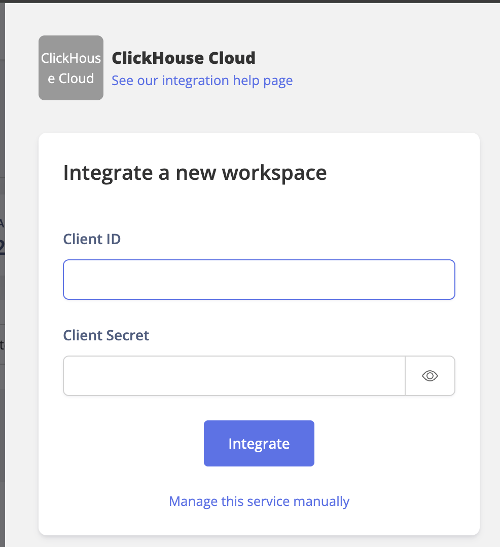 ClickHouse Cloud integration screen with Client ID and Client Secret being entered