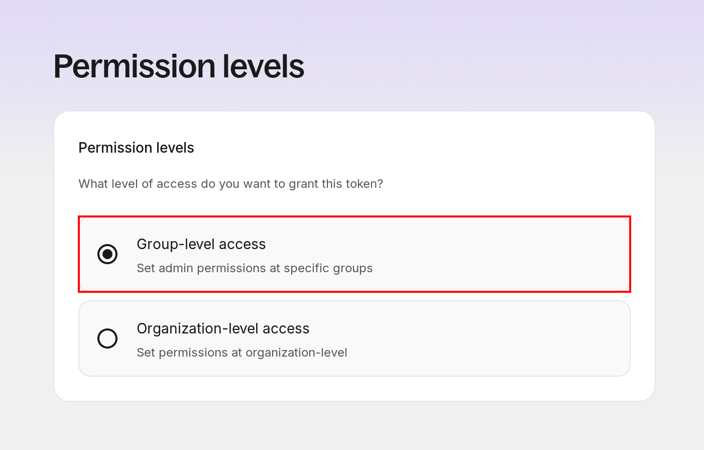 Permission levels screen with Group-level access selected