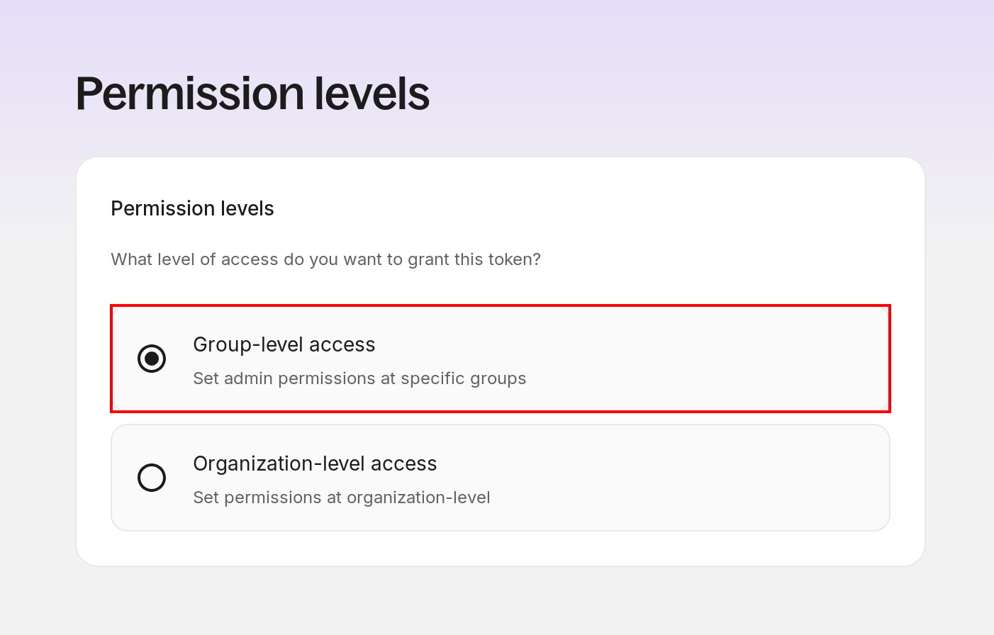 Permission levels screen with Group-level access selected