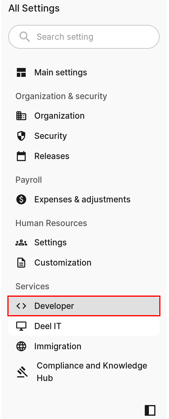 Deel settings page with Developer selected