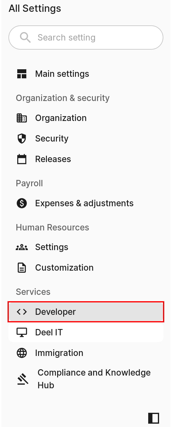 Deel settings page with Developer selected