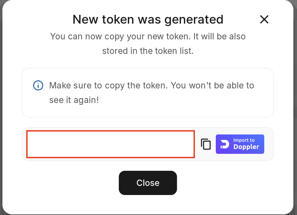 New token was generated dialog with the token to copy
