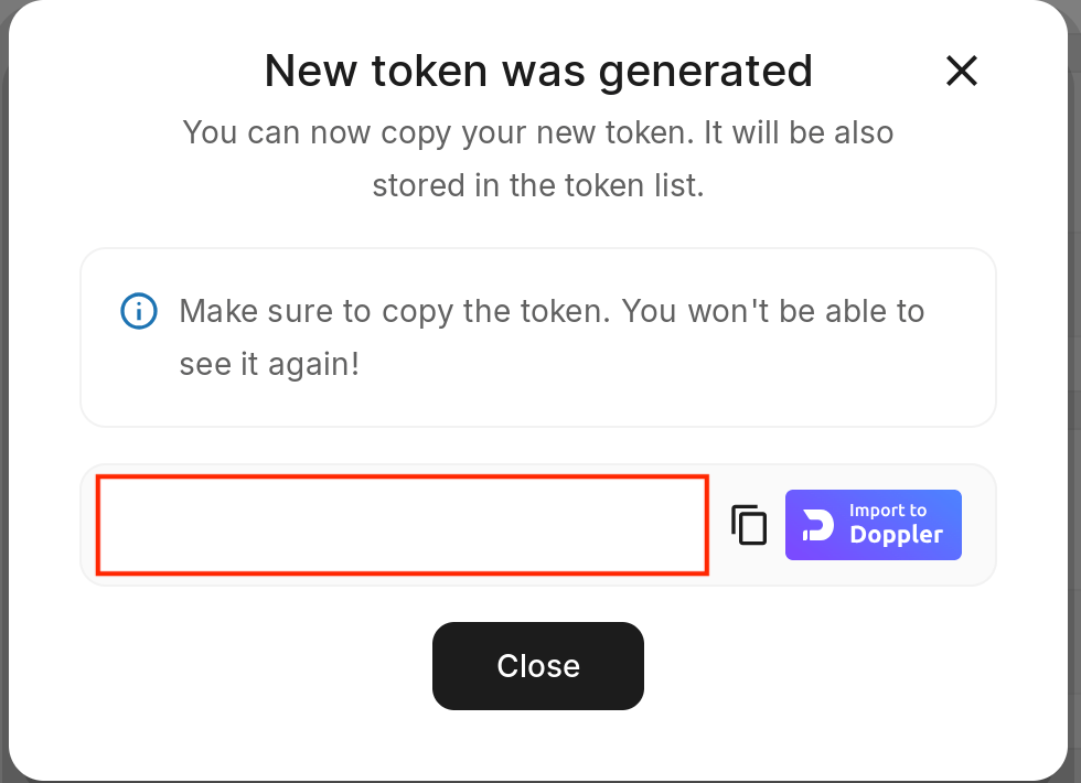 New token was generated dialog with the token to copy