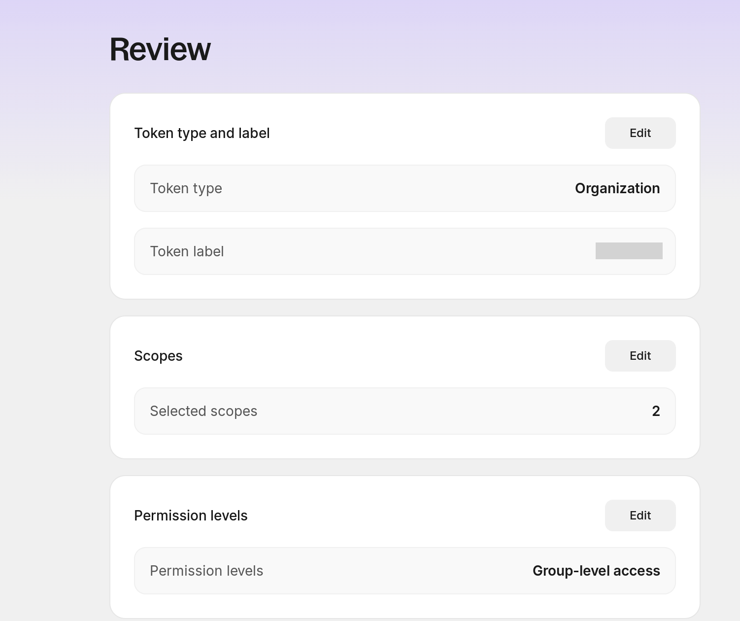 Review screen showing the token settings