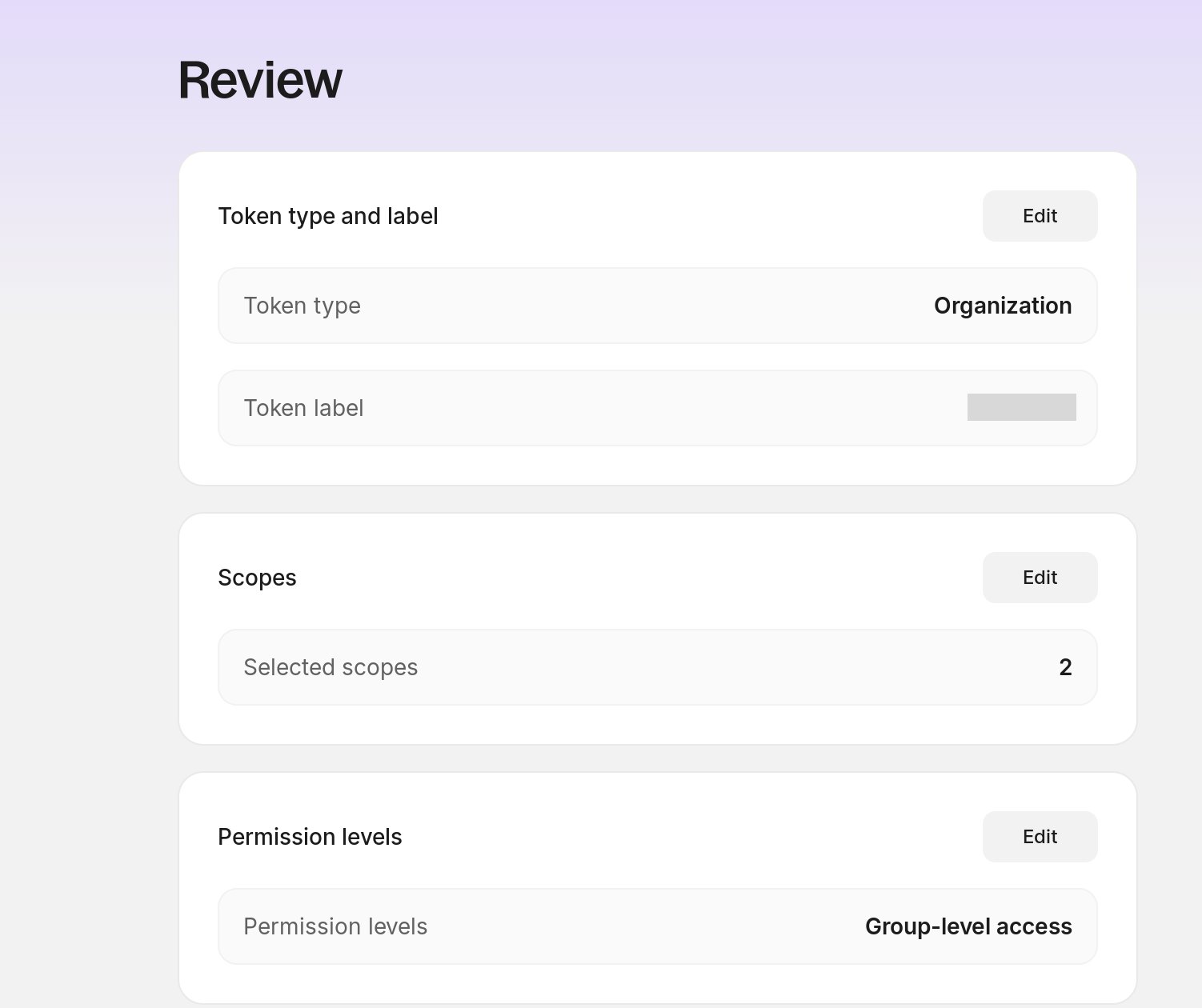 Review screen showing the token settings