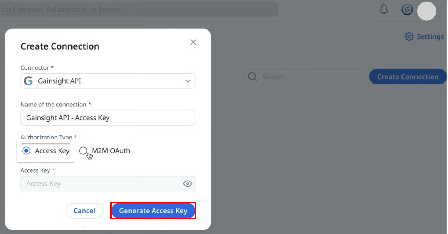 Gainsight NXTのAccess Key発行画面でGenerate Access Keyボタンが示されている状態