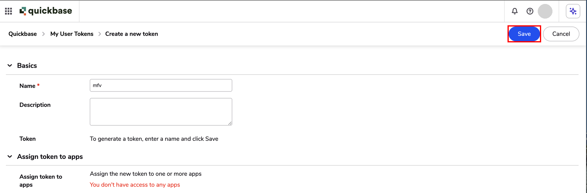 Quickbaseの新規トークン作成画面で名前を入力する状態