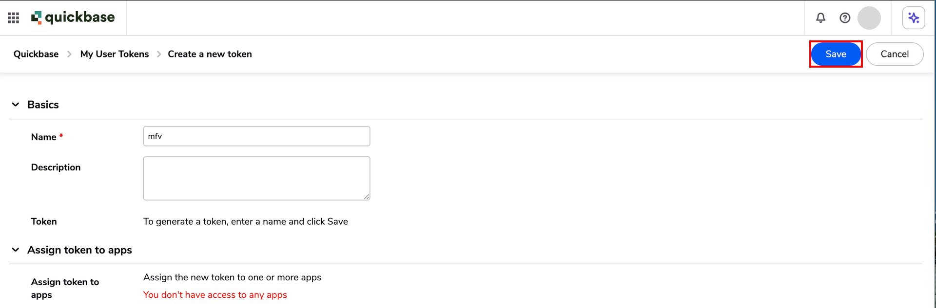 Quickbase new token creation screen with a name entered