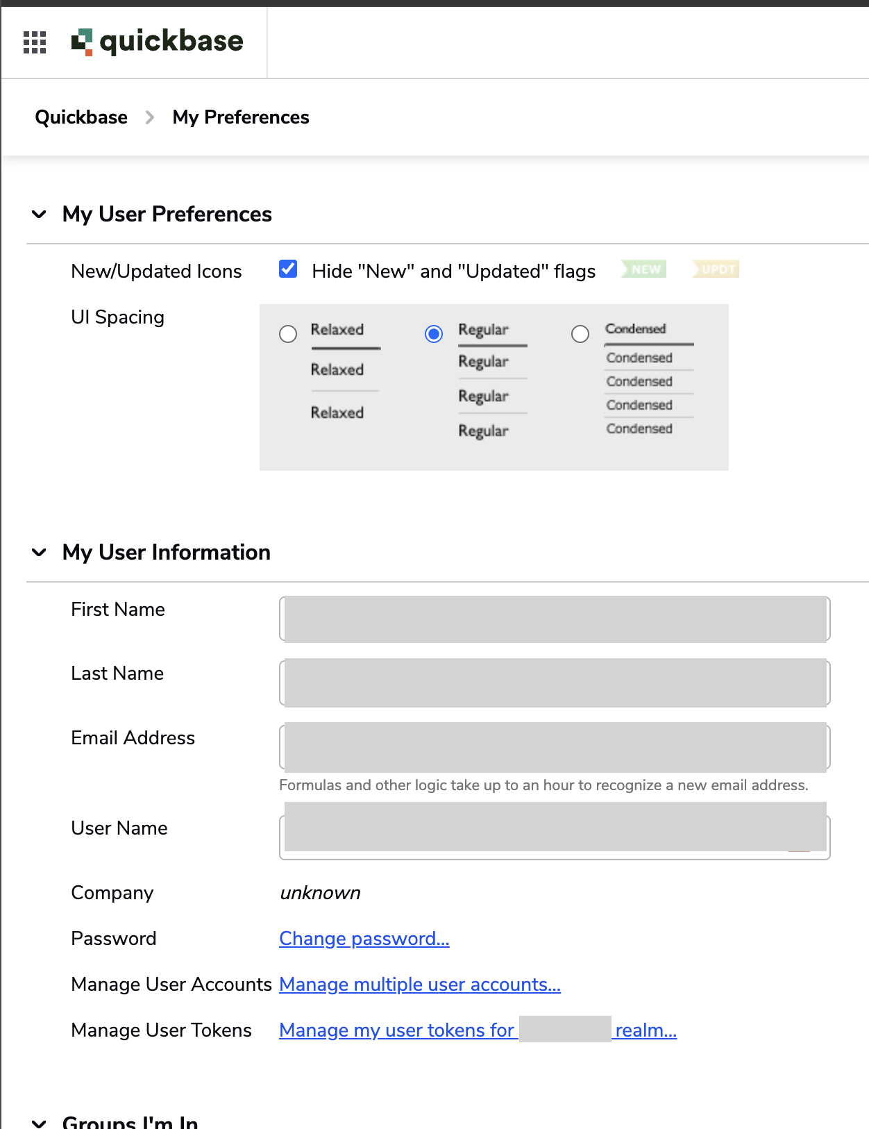 Quickbaseのマイプリファレンス画面でManage my user tokensのリンクが示されている画面