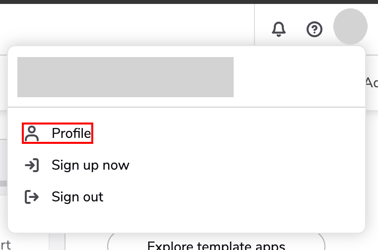Quickbaseのアバターメニューが開き、Profileの項目が示されている画面