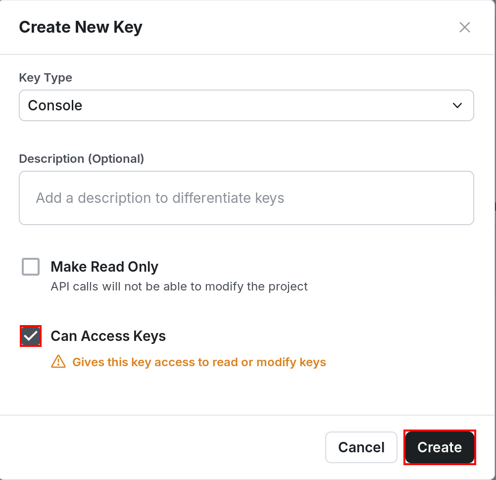 Create New Keyモーダルでキータイプとアクセス権限を設定する画面