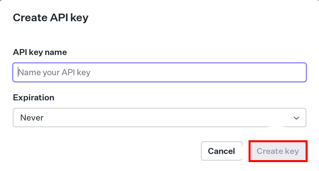 WorkOSのCreate API keyモーダルでキー名を入力する画面