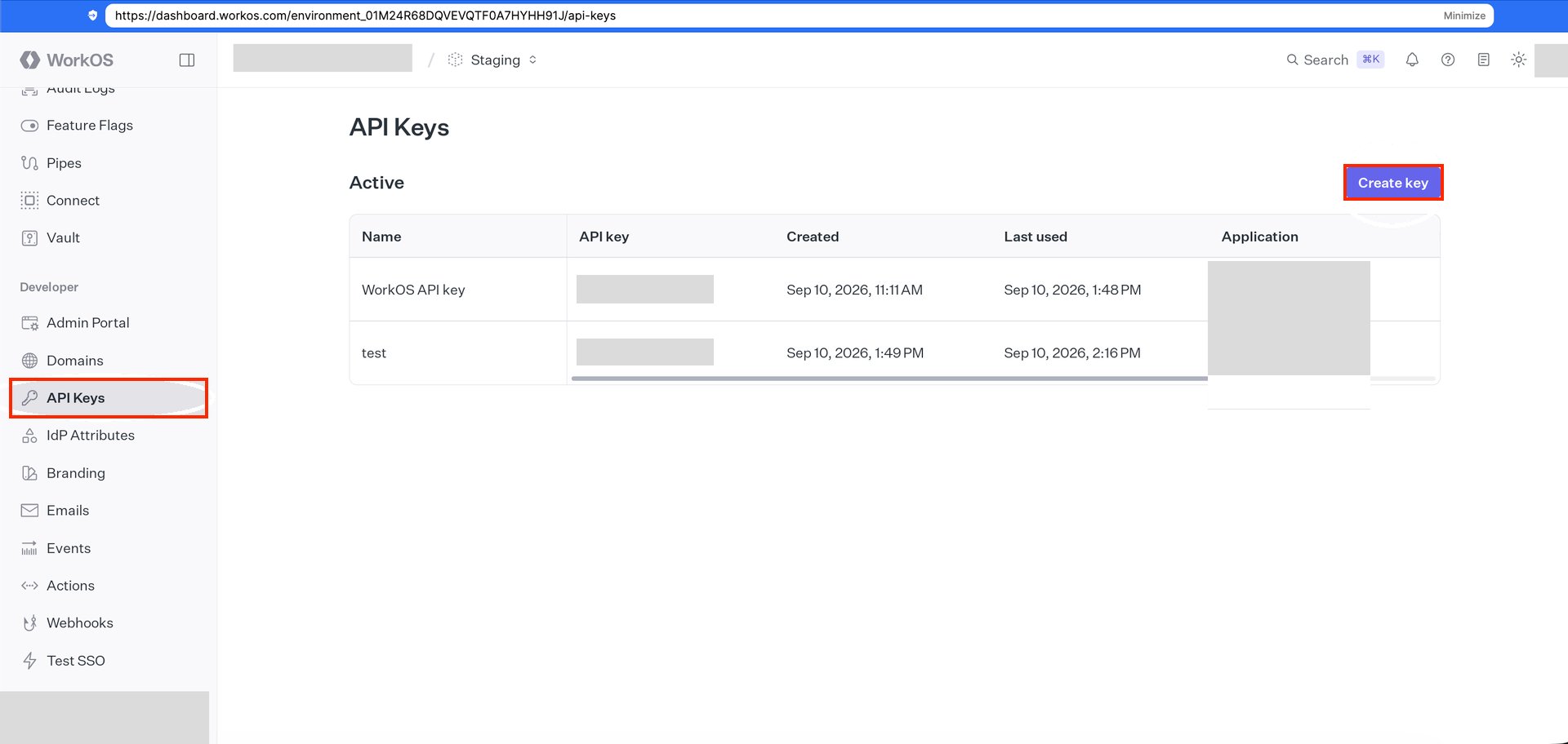 The API Keys page in the WorkOS Dashboard with the Create key button shown