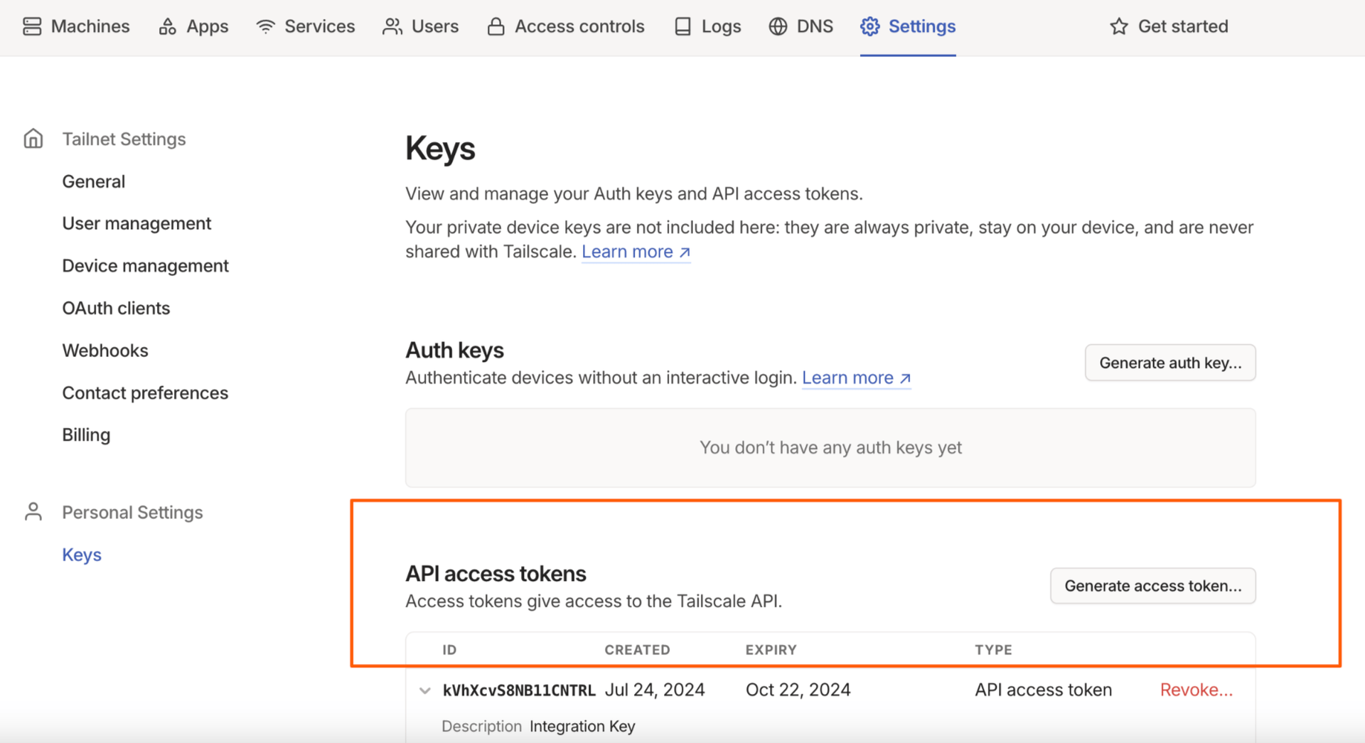 API access tokens画面