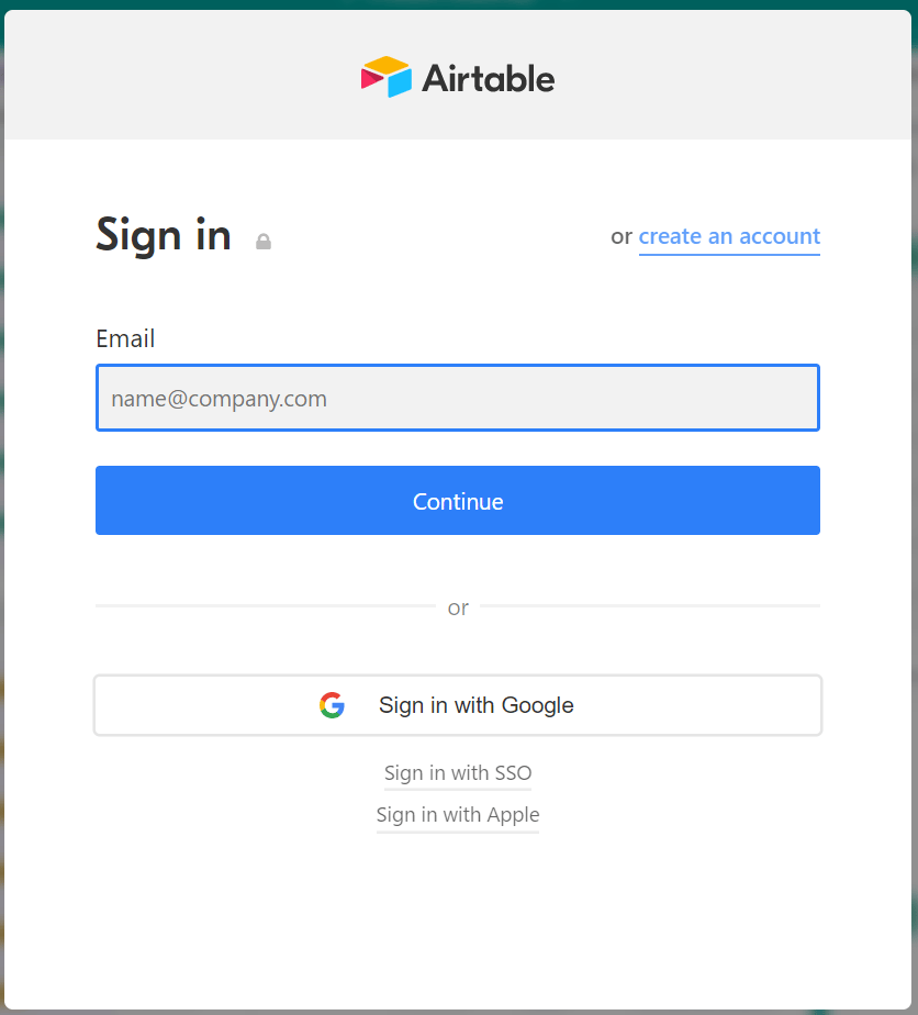 Airtableログイン画面