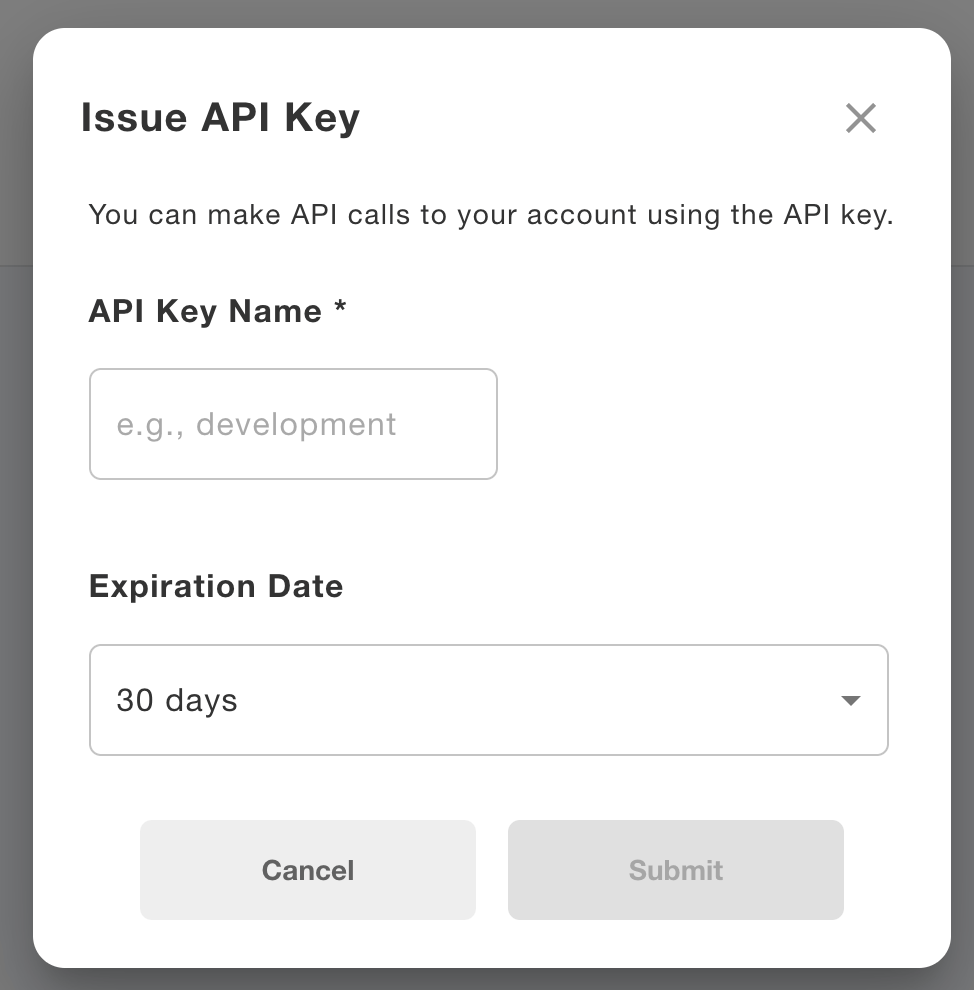 API Key Nameと有効期限の入力