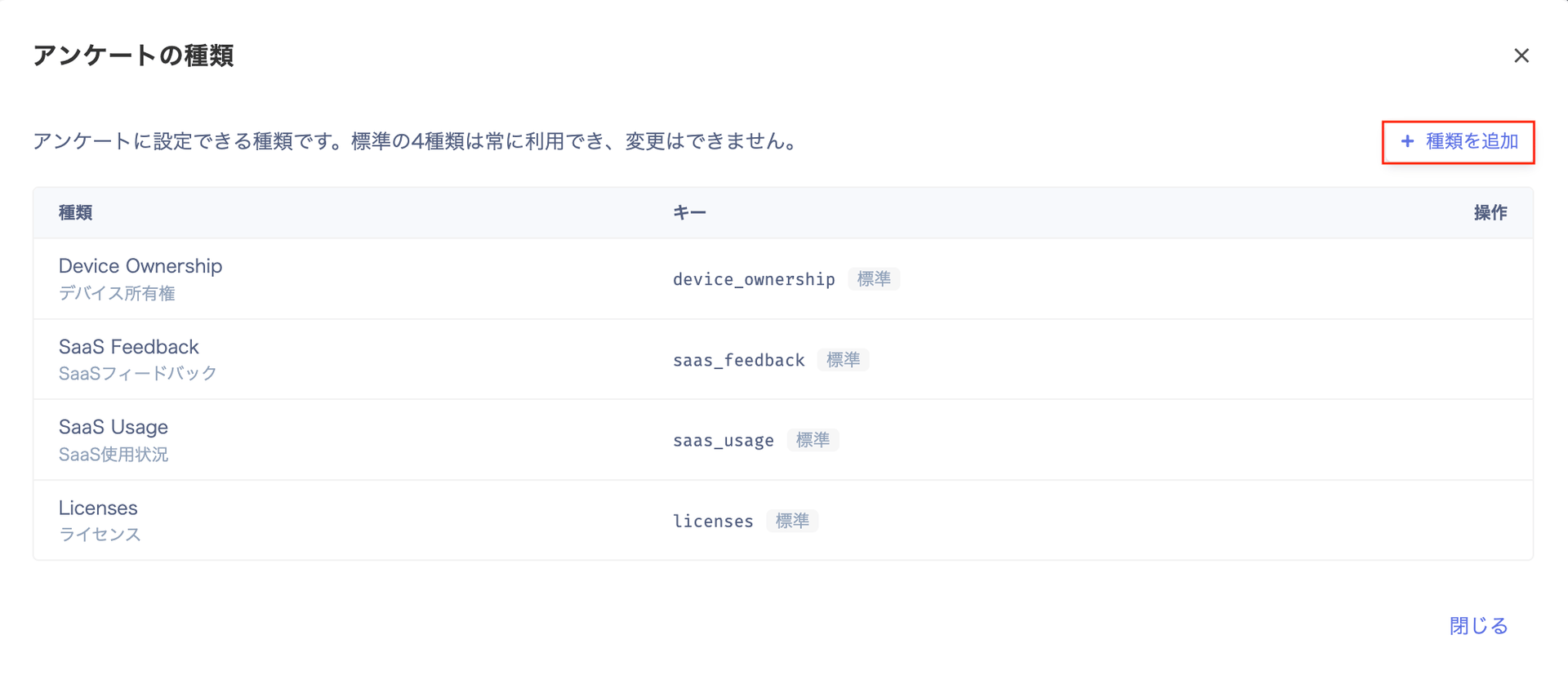 アンケートの種類一覧画面。標準の4種類と種類を追加ボタンが表示されている