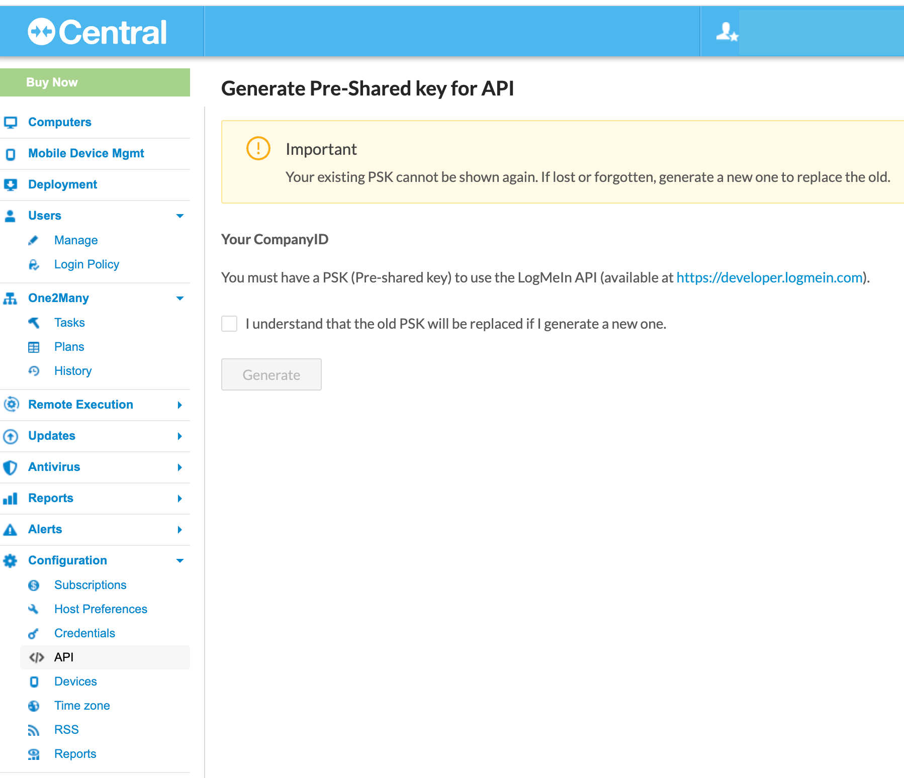 Generate Pre-Shared key screen