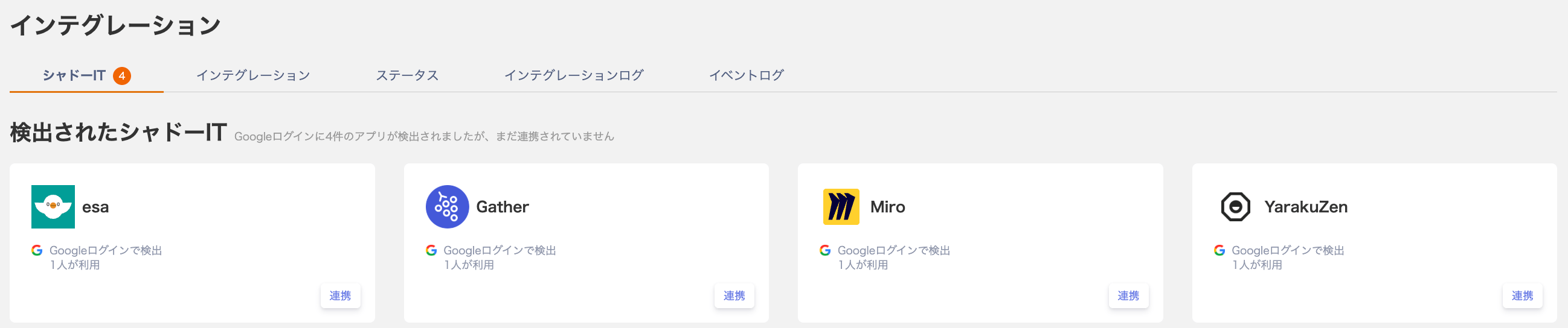 インテグレーションのシャドーIT画面