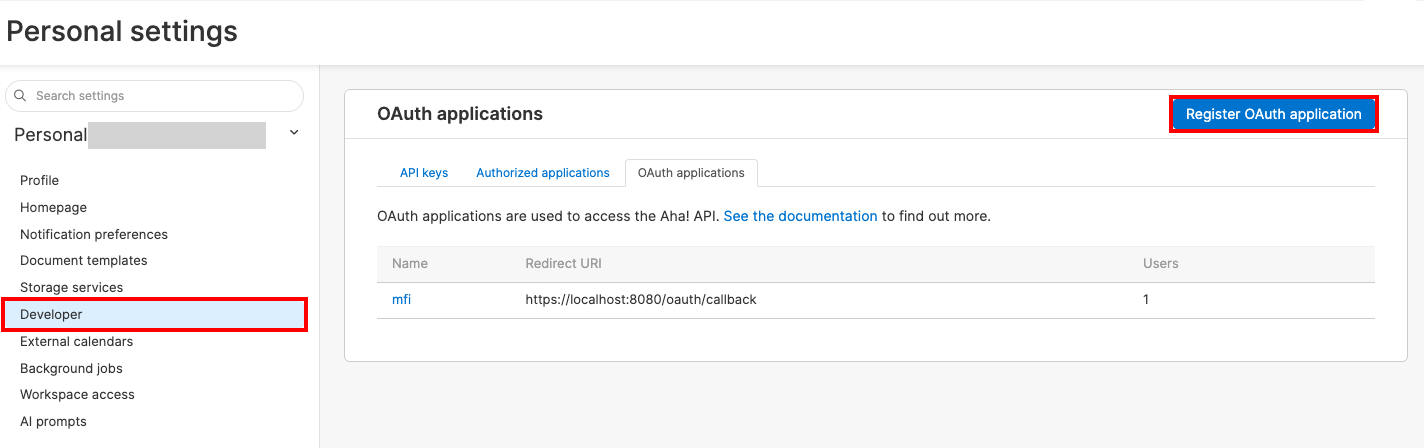 OAuth applications list screen