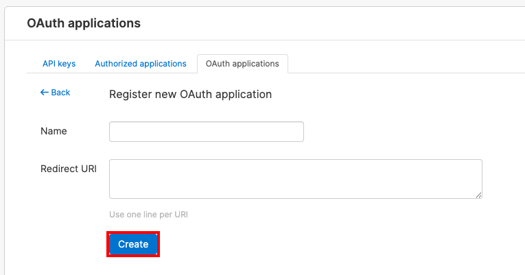 Register OAuth application screen